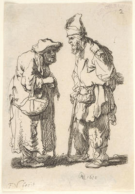 Beggar man and beggar woman conversing