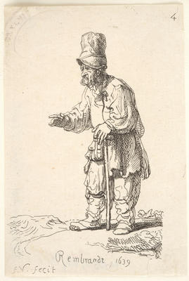 A Peasant in a high cap, standing leaning on a stick