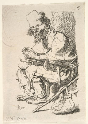 Beggar seated warming his hands at a chafing dish (reversed)