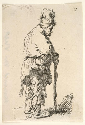 Beggar leaning on a stick facing left