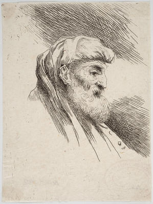 Bearded Old Man Wearing Shoulder-Length Headdress, Facing Right