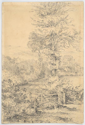 A Landscape with Open Gate and Large Tree; beyond, a House on the Hill, to the right, a Cottage