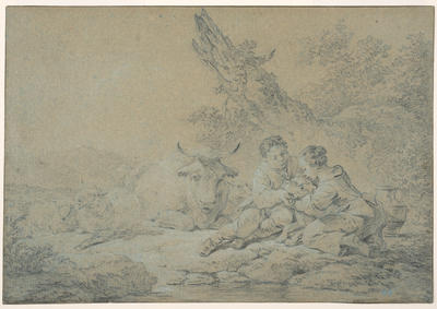 Shepherd and Shepherdess with a Calf, Sheep and Cow Beyond