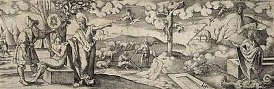 Composite Scene: The Crucifixion, Saint George and the Dragon, etc