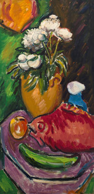 White peonies and red fish