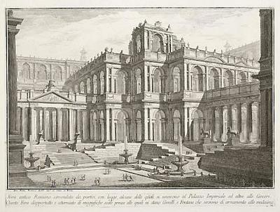 Foro antico Romano circondato da portici, con logge, alcune delle quali si uniscono al Palazzo Imperiale ed altre alle Carceri (Ancient Roman Forum surrounded by porticoes, with loggias, some of which communicate with the Imperial Palace and others with