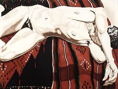 Nude lying on a black and red blanket
