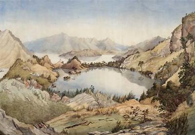 Paradise Lake, on Pigeon Island in Lake Wanaka Landscape (Formerly titled "Entrance to Lyttleton Harbour")