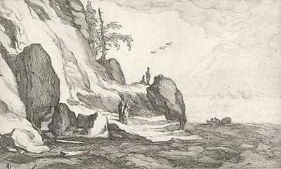 Seascape with boats and figures on rocky shore (no.8)