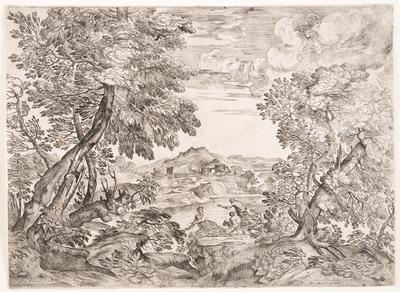 Landscape with three men by a river