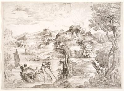 Landscape with a lute player in a boat