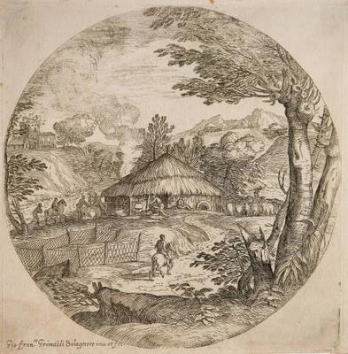Circular landscape with a thatched house