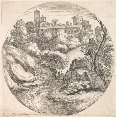 Round landscape with two travellers riding towards a hilltop town