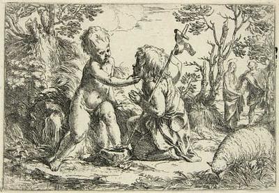The infant Christ and young John the Baptist, with Mary and Joseph in the background