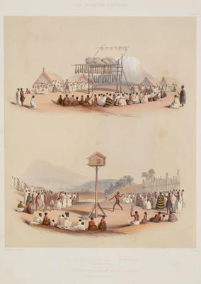 I. A Feast at Mata-Ta, on the East Coast. Mt Edgecumbe in the Distance II. Throwing the Spear, the Mode of Salutation. A Party of Visitors Arriving