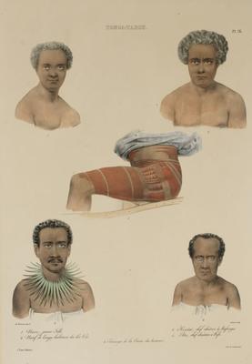 Tonga-Tabou. 1. Naou, jeune fille. 2. Natif de Tonga habitant des îles Viti. 3. Houïtaï, chef chrétien à Mafanga. 4. Ata, chef chrétien à Hifo. 5. Tatouage de la cuise des hommes.