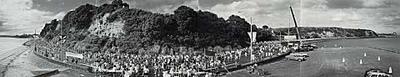 Round the Bays fun-run, viewed from the balcony of the Tamaki Yacht Club, Bastion Point, February 1990