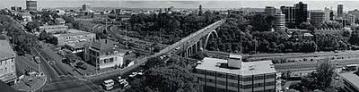 Grafton Gully, looking west from the roof of the staff residence building, Auckland hospital corner of Grafton and Park Roads, April 1990