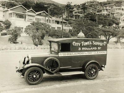 (City Towel Supply Company Van, 3 Holland Street with Wellington suburb beyond?)