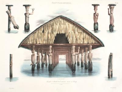 Façade et details de la maison sacrée à Dorey