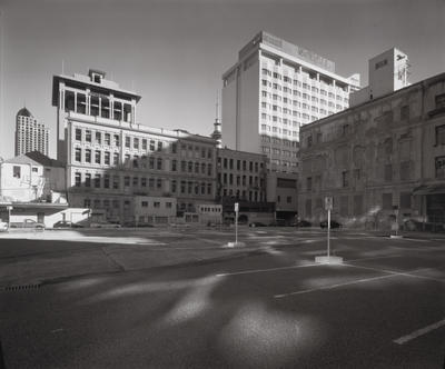 Temporary carpark, behind central post office, corner Tyler and Commerce Streets, prior to Britomart transport development, CBD, Auckland, 1 July 2001