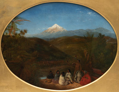 War Dance at Taranaki, New Zealand, Mount Egmont, in the distance