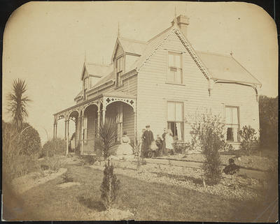 Mr and Mrs W.M. Hodgkins, Nursemaid and Two Children (Willie and Isabel) at Frances Hodgkins' birthplace, 32 Royal Terrace, Dunedin