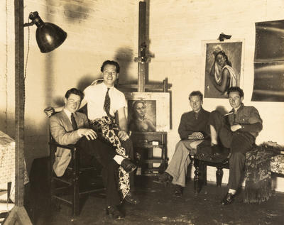 Dennis K Turner, Theo Schoon, Gordon Walters and Tom Hutchins in Schoon's Studio in the Basement of the Wellington YMCA, 1942