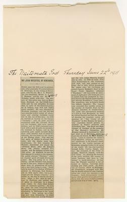 Newspaper clipping regarding John Webster