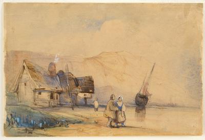 Three figures on a beach, with boat and cottages