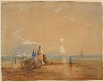 Three figures on a beach, with boats and lobster pots