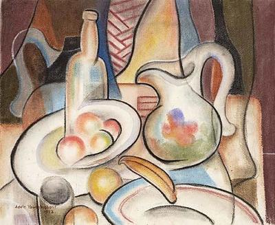 Still life: bottle, jugs and fruit