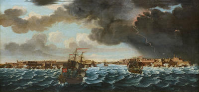 View of a north-easterly gale beating against the Grand Harbour entrance
