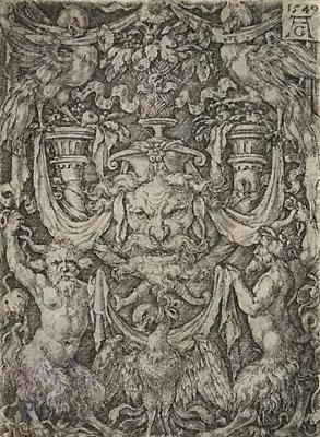 Ornamental Design with a Mask and an Eagle Between Two Fauns Below
