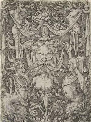 Ornamental Design with a Mask and Two Satyrs Below
