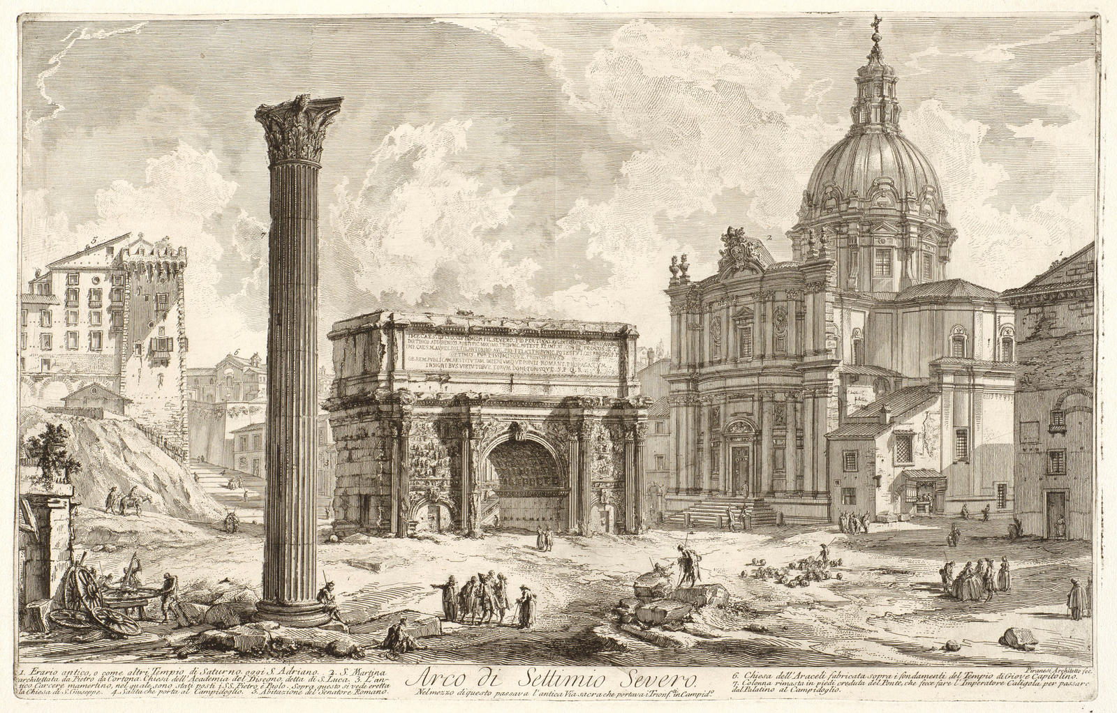 Arco di Settimio Severo. Nel mezzo di questo passava l'antica Via Sacra che portava i Trionf. in Campid. (Arch of Septimius Severus through which passed the ancient Sacred Way, bringing victors to the Capitol).