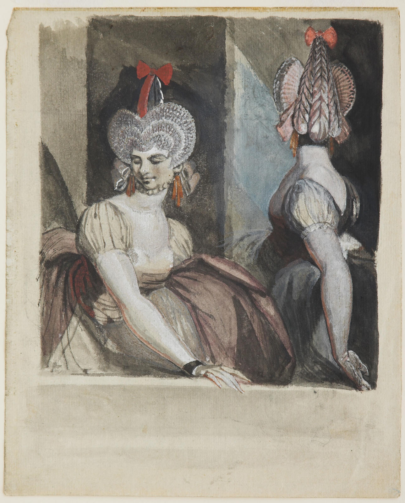Two Courtesans with fantastic hairstyles and hats