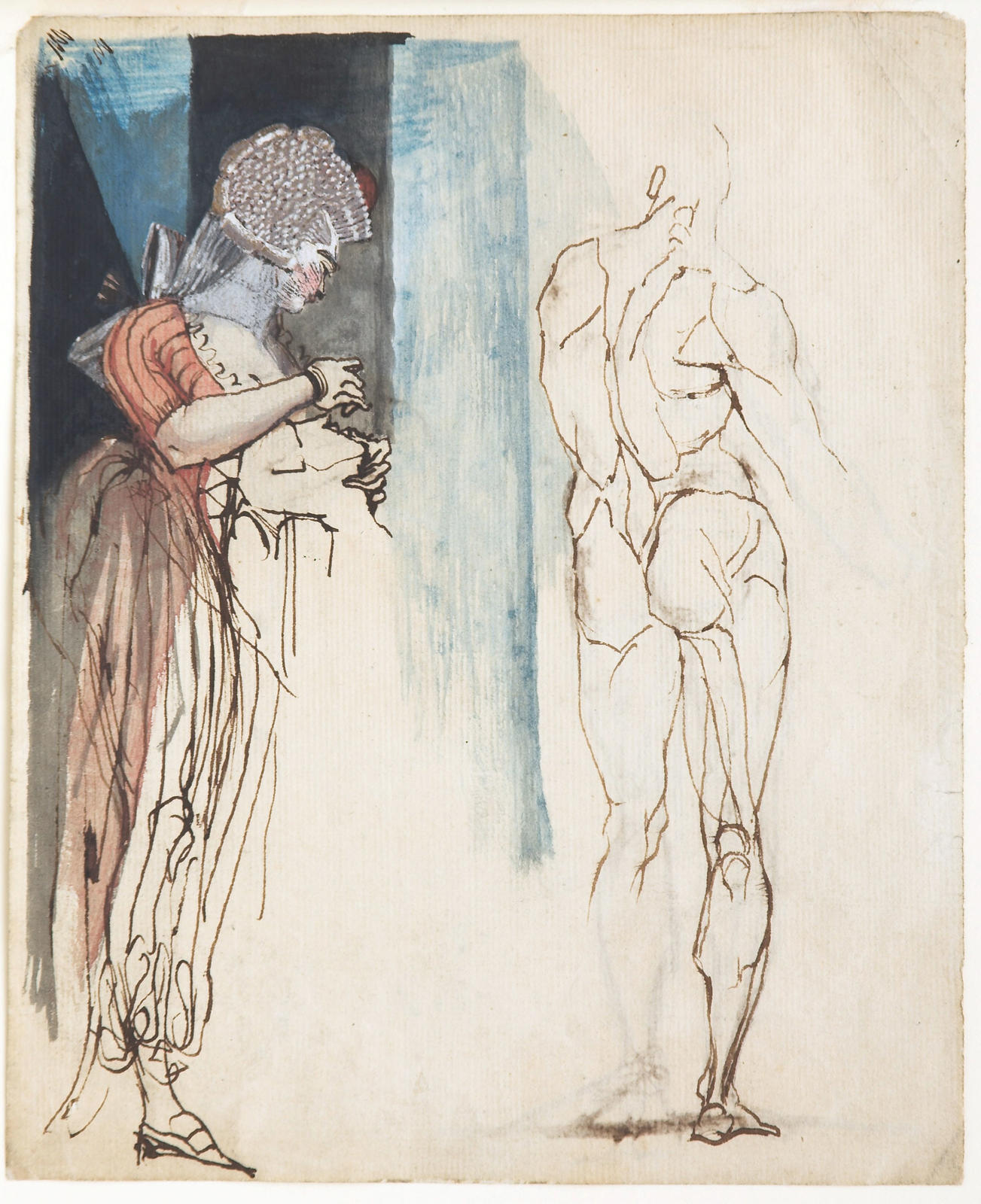 A Woman Standing, Attending to a Man, with a Standing Male Nude Seen from the Back