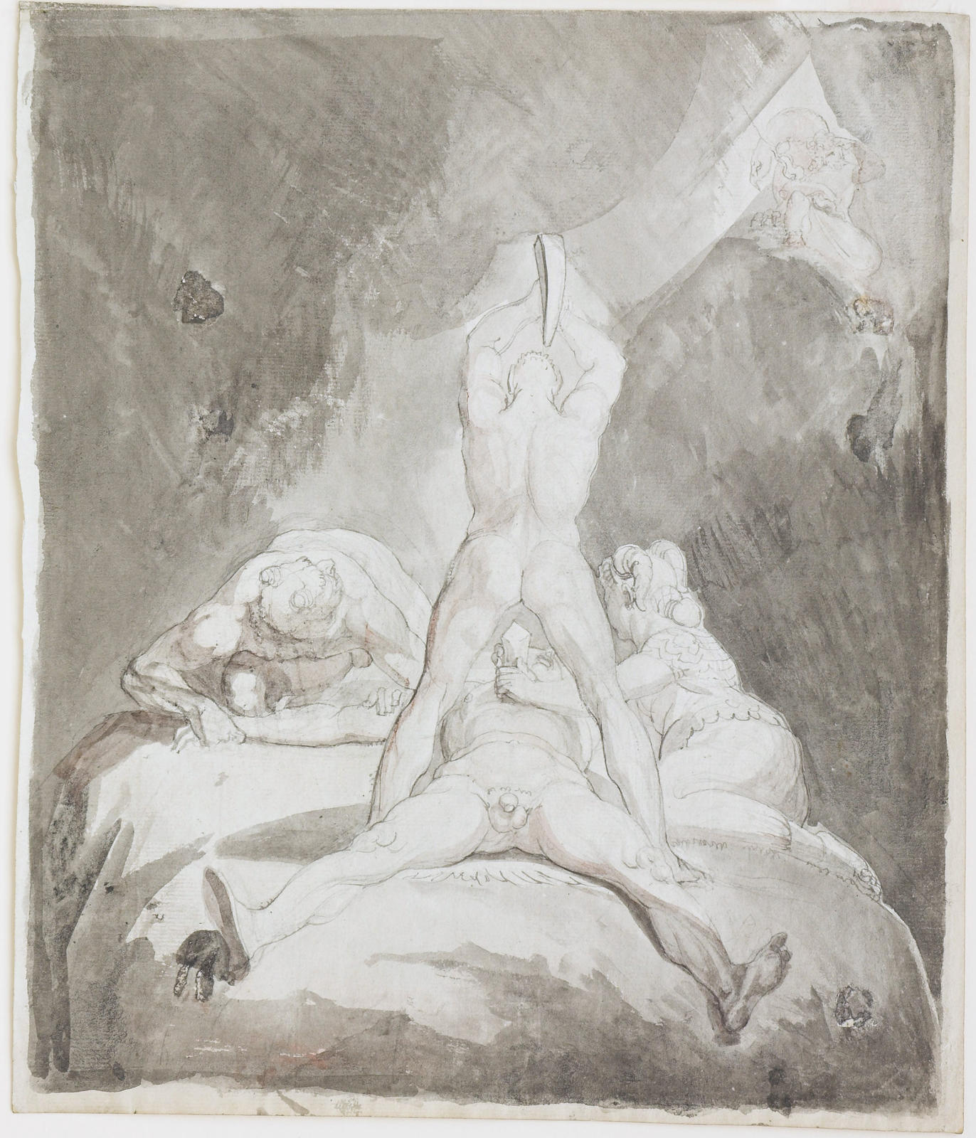 Hephaestus, Bia and Kratos securing Prometheus on Mount Caucasus
