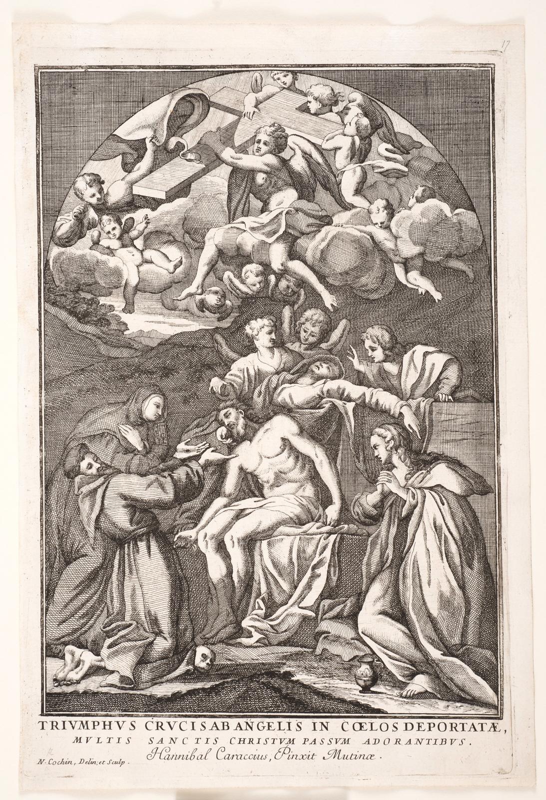 Triumphus crucis ab angelis in coelos deportatae, multi sanctis Christum passum adorantibus