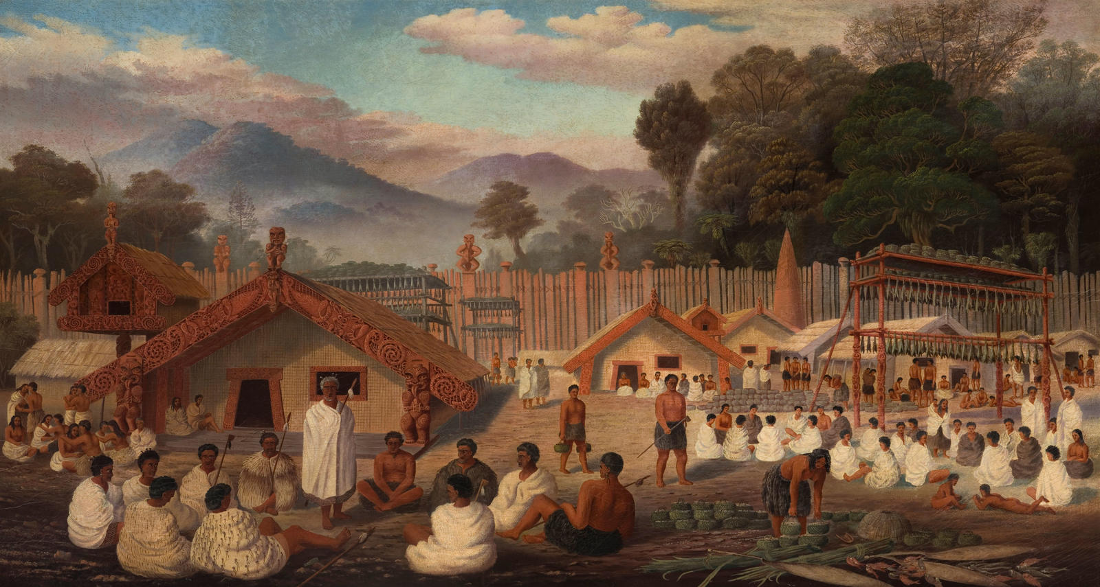The interior of a Maori pa in the olden time