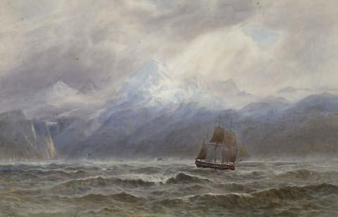 Captain Cook's ship "Endeavour" off the West Coast, Mt Cook in the background