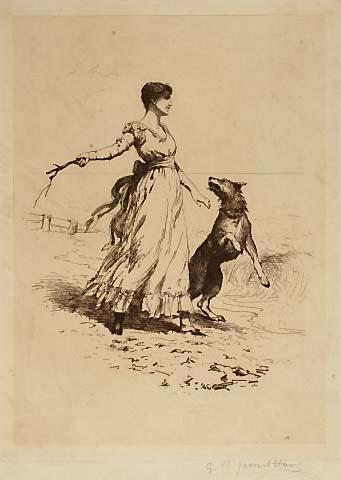 Woman with dog, throwing stick