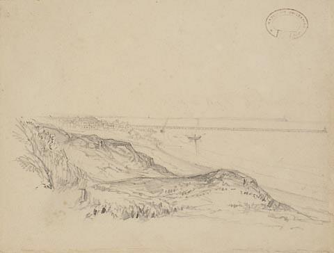 A Village and breakwater drawn from cliffs above a beach