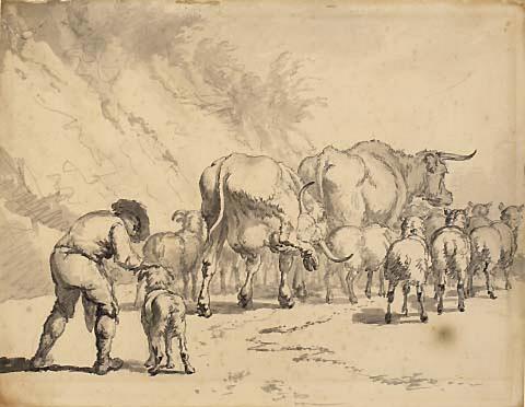 Two studies of cattle and figures