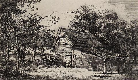 Landscape : Cottage and Man Fishing
