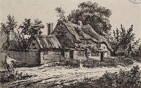 Landscape : Cottages and Woman with Basket