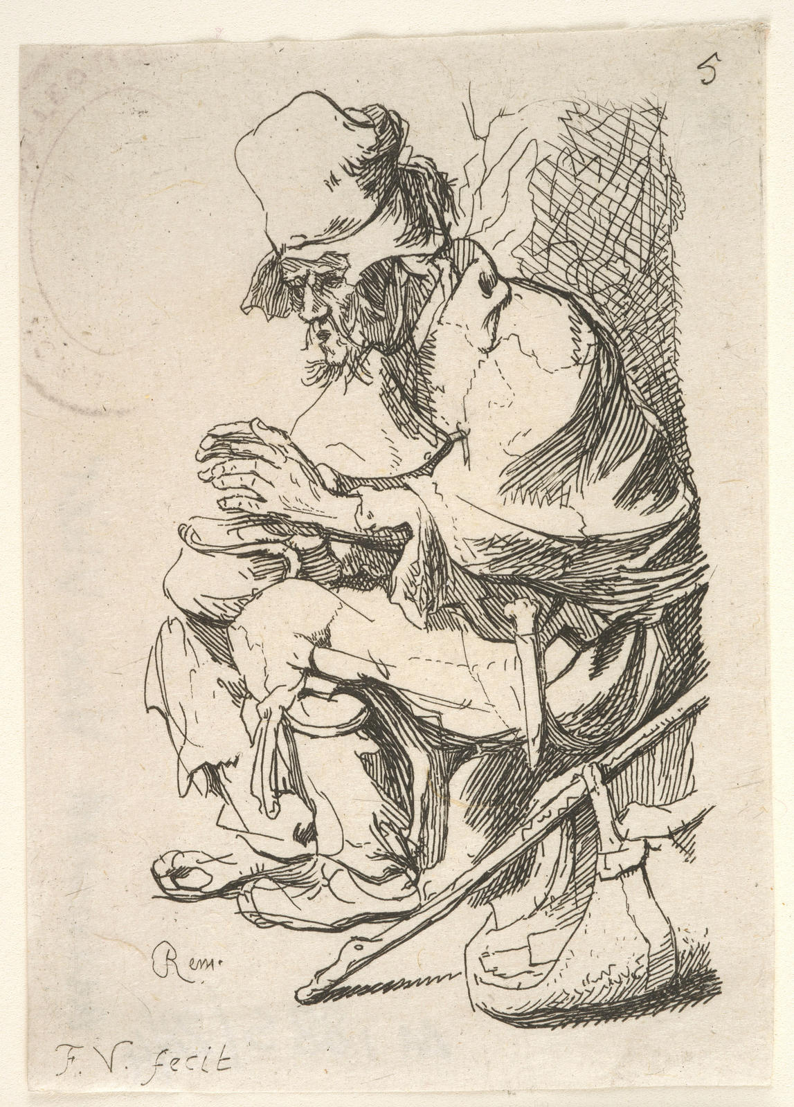 Beggar seated warming his hands at a chafing dish (reversed)
