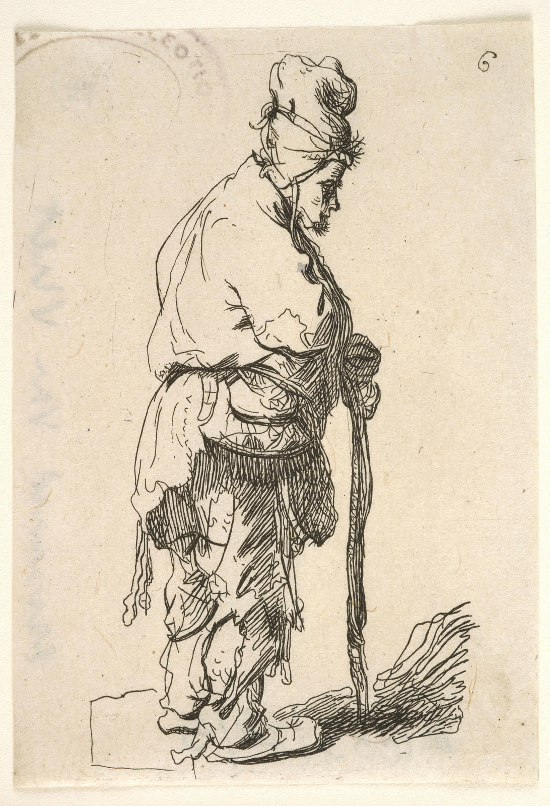 Beggar leaning on a stick facing left