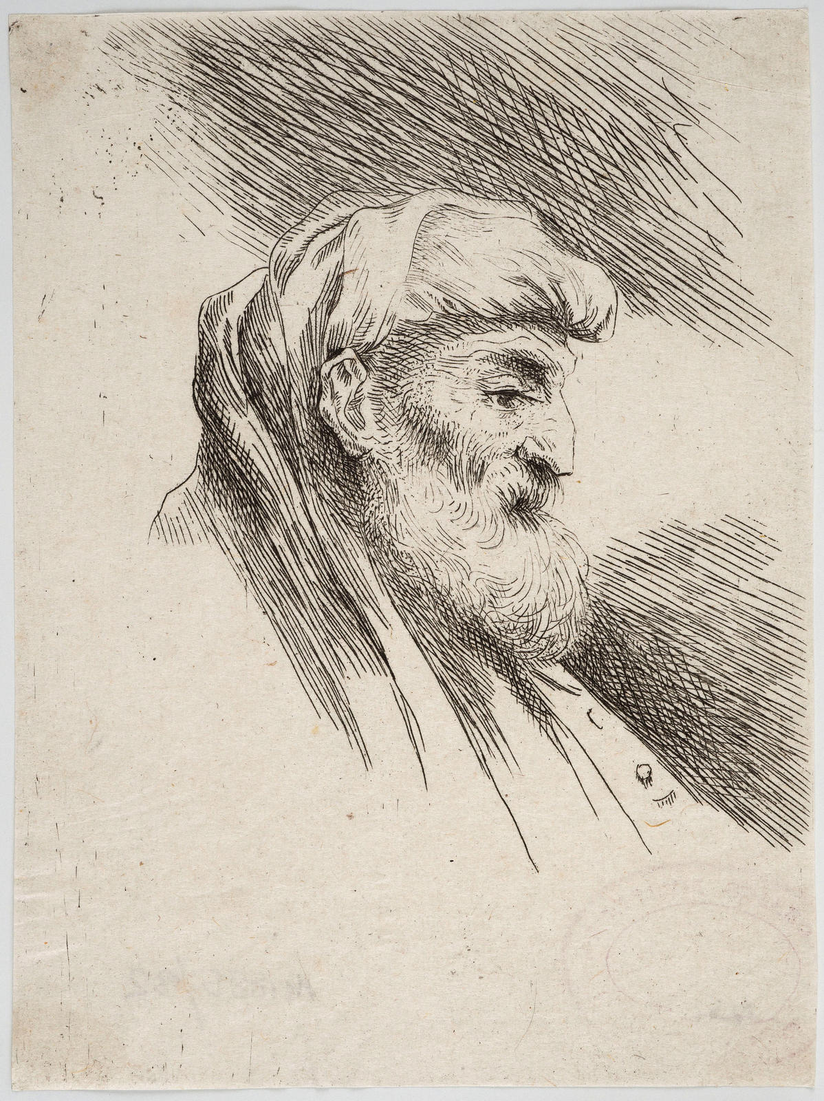 Bearded Old Man Wearing Shoulder-Length Headdress, Facing Right